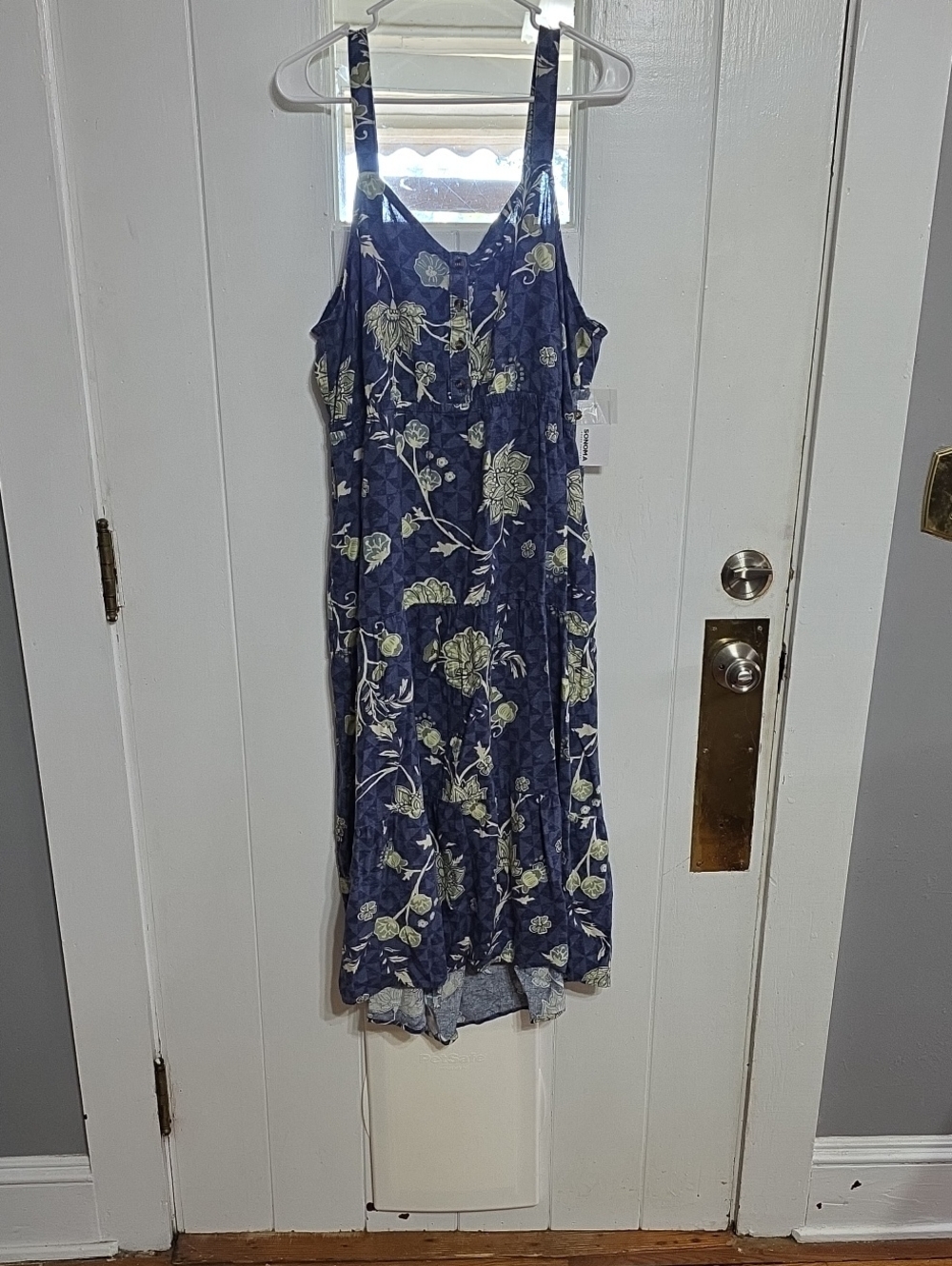 NWT Sonoma Women's Sundress Linen Blend Blue Floral Elastic Mid-Calf Sz XXL
